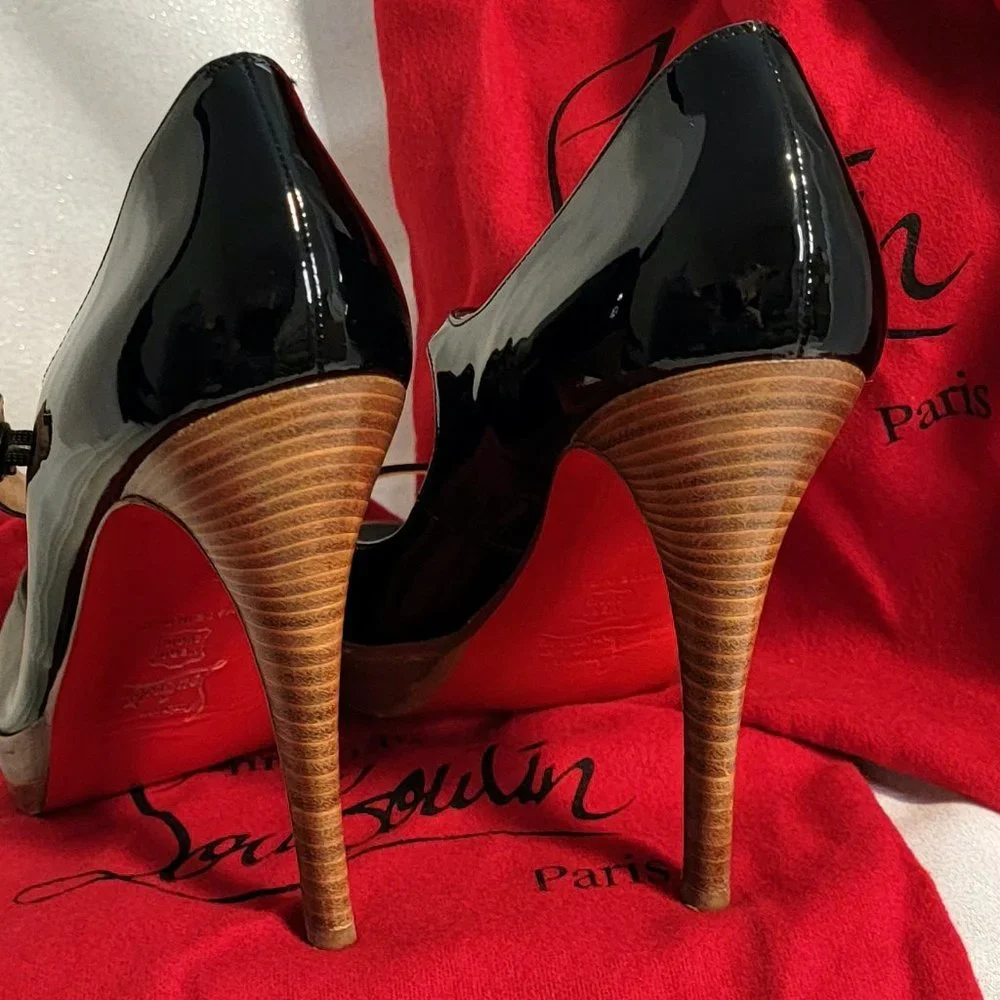 CHRISTIAN LOUBOUTIN Black Patent Leather Zeppa Mary Jane Peep Toe Pumps 39 - Picture 10 of 13